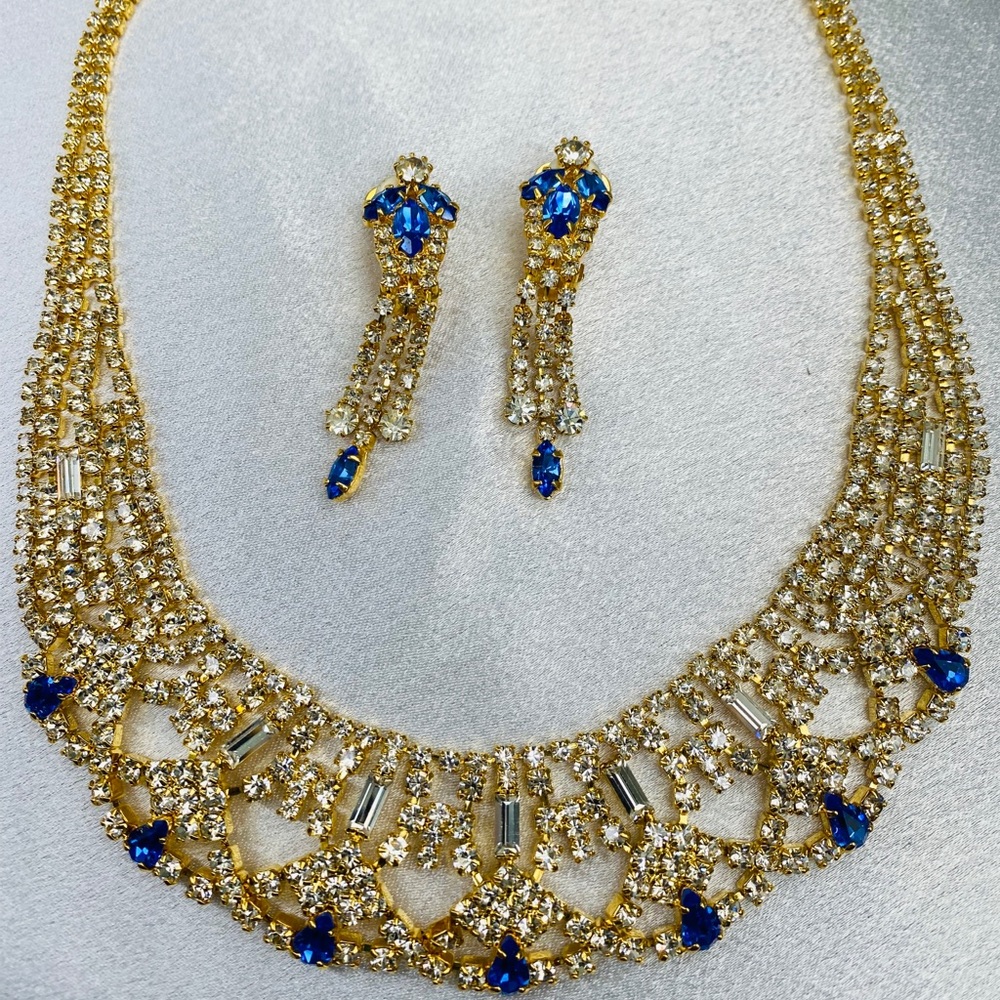 Royal Blue and Gold Dazzling necklace sets in glass, crystals and rhinestones.